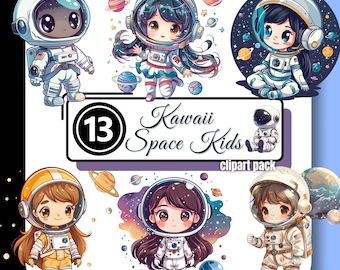 Kawaii SPACE Kid Clipart Anime Child Chibi Astronaut Girl Technology Tech Graphic High Quality PNG Instant Digital Download Commercial Use