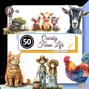 Bundle de cliparts aquarelle original vie à la ferme, Cottagecore Funny Animal Png Country Living Téléchargement numérique instantané Utilisation commerciale pour les créateurs