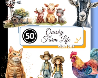Paquete de imágenes prediseñadas de vida rural en acuarela con un toque original, imágenes PNG de animales divertidos de estilo campestre, descarga digital instantánea para uso comercial para creadores.