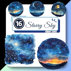 Sterrenhemel clipart, zonsondergang, maan en ster illustraties, nachtelijke hemelachtergrond, digitale download commercieel gebruik, hemelse hemel clipart voor makers