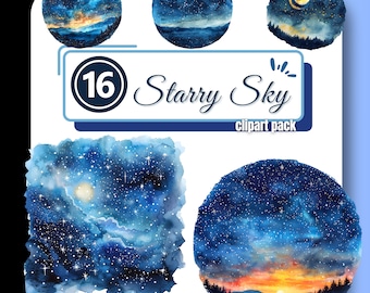 Starry Sky Clipart, Sunset, Moon & Star Clip Art, Night Sky Background, Digital Download Commercial Use, Celestial Sky Clipart for Creators