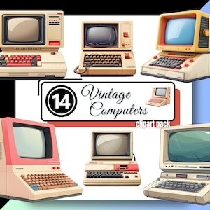 Könnte beinhalten: Ein Set mit 14 Clipart-Bildern von Vintage-Computern. Das Clipart enthält eine Auswahl an Computern aus den 1980er und 1990er Jahren, darunter ein beiger Desktop-Computer mit einer roten Tastatur, ein schwarz-weißer Desktop-Computer mit einem grünen Bildschirm und ein gelber Desktop-Computer mit einem blauen Bildschirm.
