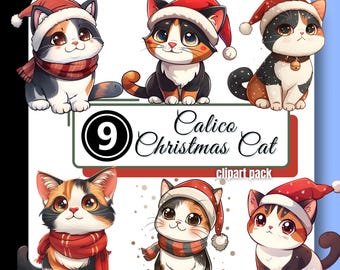 Calico Christmas CAT Clipart Clip Art Holiday Manga Kitten Party Kawaii Kitty Chibi PNG Instant Digital Download Commercial Use for Creators