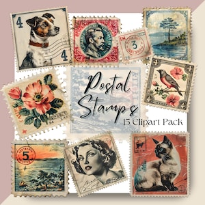 Postzegel clipart post hond kat bloem geannuleerd postzegels vintage filatelist illustraties hoge kwaliteit commercieel gebruik afdrukbare efemere verschijnselen