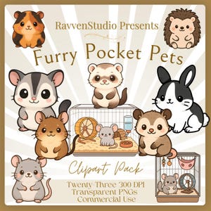 May include: A digital clipart pack featuring cartoon illustrations of various small, furry animals, including a guinea pig, hedgehog, sugar glider, ferret, rabbit, mouse, and hamster. The text reads "Furry Pocket Pets" and "Clipart Pack".