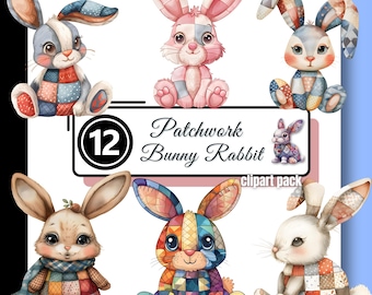 Stuffed BUNNY Rabbit Clipart Patchwork Toy Easter Ostara Vintage Animal Nursery High Quality PNG Instant Digital Download Commercial Use