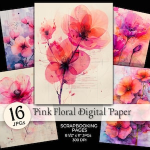 Könnte beinhalten: Eine Sammlung von 16 digitalen JPG-Papieren mit rosa Blumen. Die Designs zeigen Illustrationen von rosa Blumen im Aquarellstil mit einer Vielzahl von Farbtönen und Stilen. Das Papier ist 21,59 cm x 27,94 cm und 300 DPI. Der Text auf dem Bild lautet "Pink Floral Digital Paper".