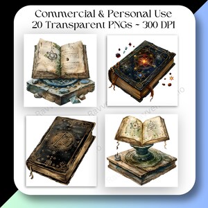 Op de afbeelding: Vier verschillende afbeeldingen van vintage, in leer gebonden boeken met magische symbolen en illustraties. De boeken zijn gesloten, open en op een voetstuk. De boeken hebben een donkerbruine leren kaft met gouden accenten en een zwarte achtergrond met gouden sterren.