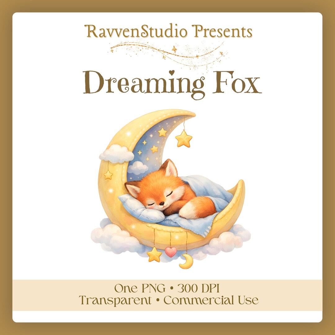 Dreaming Fox Clipart Single - Little Cub Sleeping in a Moon Cradle on a ...