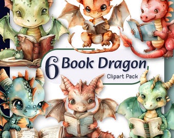 BOOK DRAGON Clipart, Fantasy Reading PNG, Digital Download for Book Lovers, High Quality Whimsical Baby Dragon Nursery Pack, Commercial Use