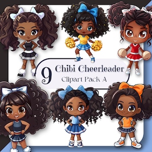 May include: A digital illustration featuring nine chibi cheerleader characters with dark skin and curly hair. Each cheerleader wears a different uniform, including skirts, bows, and pom-poms. The text "9 Chibi Cheerleader Clipart Pack A" is also included.