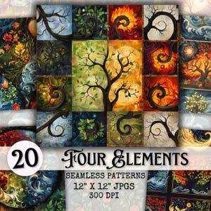 Op de afbeelding: Een verzameling van 20 naadloze patronen met gestileerde bomen en natuurscènes. Het kunstwerk wordt weergegeven in een raster van vierkanten, met een verscheidenheid aan kleuren en stijlen. De tekst "Four Elements" en patroondetails zijn inbegrepen.