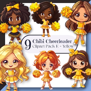 May include: Nine chibi cheerleader clipart pack in yellow. Each cartoon cheerleader has a yellow outfit, pom-poms, and different hairstyles. The text on the image says "9 Chibi Cheerleader Clipart Pack E - Yellow".