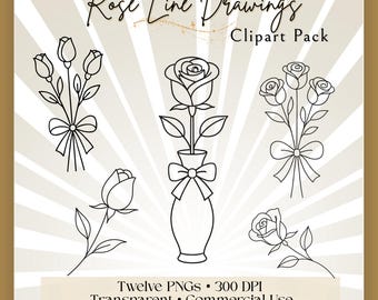 Line Drawing Rose Clipart Pack, Floral Bouquet PNG Bundle (Digital Download/Commercial Use Allowed)