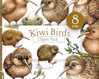 Paquete de imágenes prediseñadas de aves kiwi - Animales silvestres aviares lindos de Nueva Zelanda, animales no voladores, para uso comercial (descarga digital)