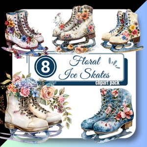Floral Ice Skates Clipart, Figure Skating Flowers Clip Art Sublimation, Digital Download, Commercial Use, Skate Party graphics for Creators