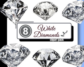 May include: Eight white diamond clipart images. The diamonds are sparkling and realistic. The text "White Diamonds clipart pack" is below the diamonds.
