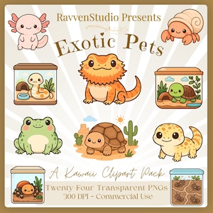 May include: A digital illustration featuring various exotic pets in a kawaii style. The image includes an axolotl, a hermit crab, a snake in a terrarium, a bearded dragon, a turtle, a frog, a gecko, a tortoise, and a terrarium with ants. Text reads "Exotic Pets" and "A Kawaii Clipart Pack".