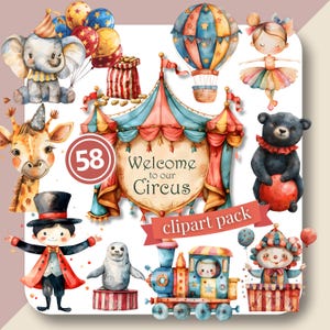 Circus clipartbundel, aquarel circusdieren, afdrukbare carnaval clipart schattige clowns, commercieel gebruik PNG hoge kwaliteit zeeolifant beer
