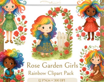 Pacchetto clipart di ragazze con capelli arcobaleno / Rose Garden PNG (download digitale/uso commerciale consentito)