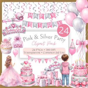 Könnte beinhalten: Aquarell-Clipart-Paket mit rosa und silbernen Geburtstagselementen. Enthält ein "Happy Birthday" Banner, Luftballons, Kuchen, Geschenke und eine Geburtstagskind-Illustration. Das Paket enthält 24 PNGs mit transparentem Hintergrund.