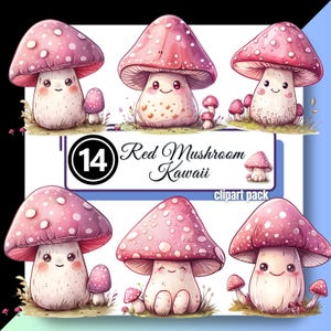 Cute Kawaii Red & Pink Mushroom Clipart Funny Whimsical Fungi Plant Chibi Clip Art High Quality PNG Instant Digital Download Commercial Use