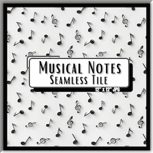 以下が含まれることがあります： 白地に黒い音符とト音記号が散りばめられたシームレスなタイルデザイン。長方形のフレームに「MUSICAL NOTES SEAMLESS TILE」の文字が入っています。タイルのサイズは30.48 x 30.48 cmです。