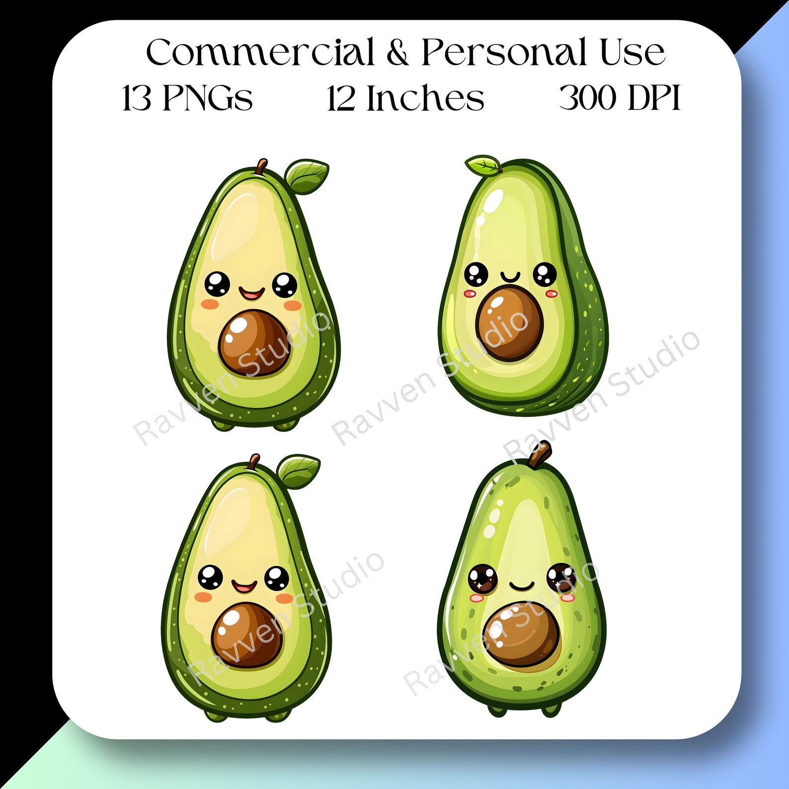 Avocado Clipart, Kawaii Avocado Png, Cute Fruit Clip Art, Digital ...