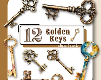 Antique KEY Clipart Vintage Watercolor Golden Key Illustrations High Quality Digital PNG Graphics for Scrapbooking & Design Commercial Use