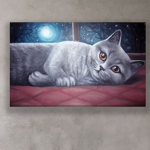 Grey cat painting, cat original oil painting, interior nursery painting, animal wall art, cat home decor, baby room painting