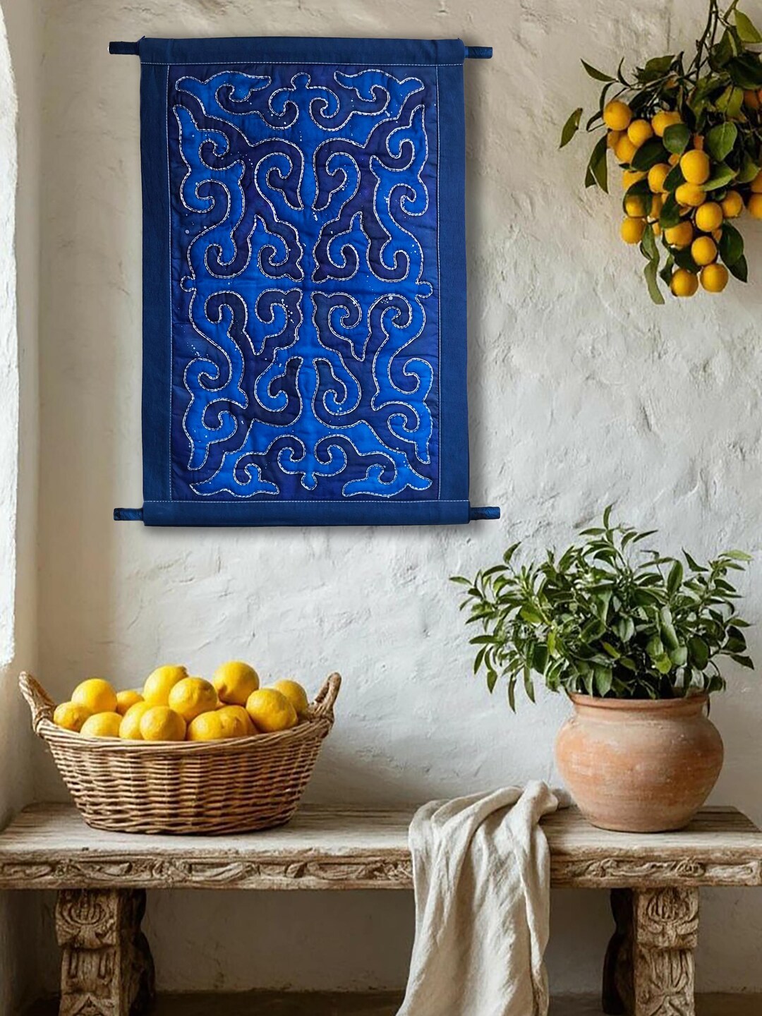 Blue Quilted Wall Hanging With Kyrgyz Ethnic Ornament – Shyrdak