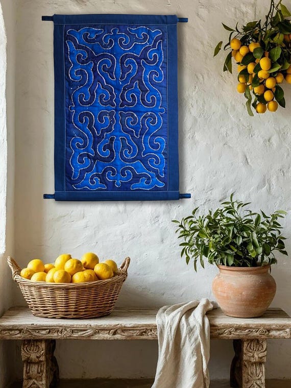 Blue Quilted Wall Hanging With Kyrgyz Ethnic Ornament – Shyrdak