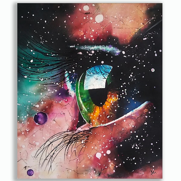 Space eye original silk painting, fantasy art painting, batik wall hanging, abstract batik art, modern interior painting, silk wall decor