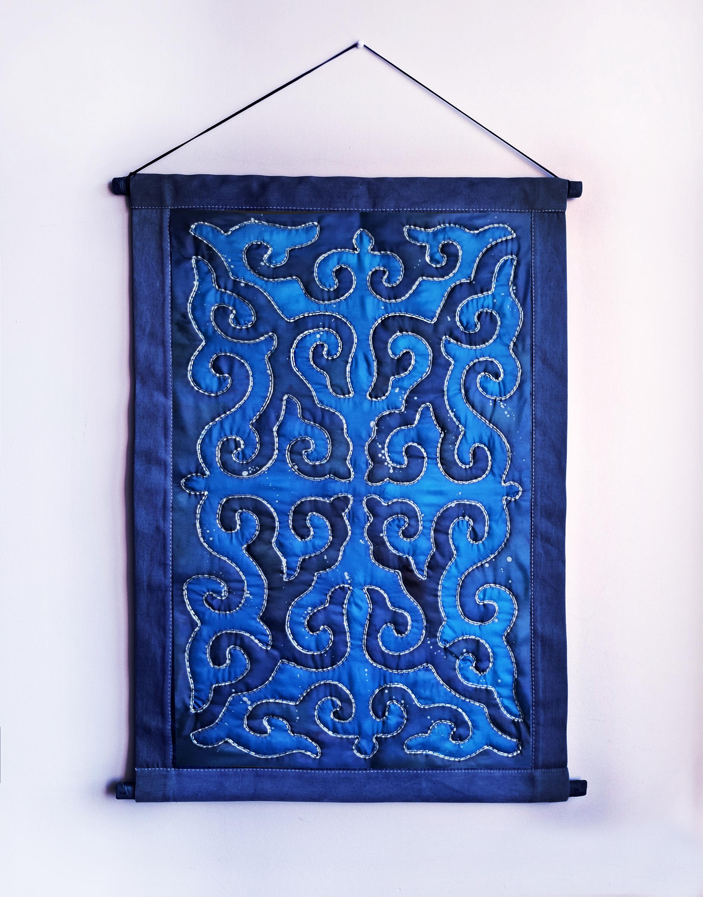 Blue Quilted Wall Hanging With Kyrgyz Ethnic Ornament – Shyrdak