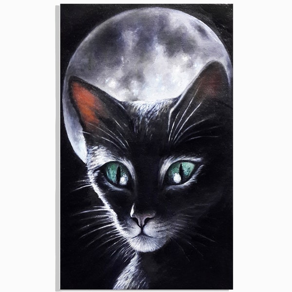 Moonlight black cat oil painting, witch painting, witchcraft painting, black cat halloween painting, black white painting