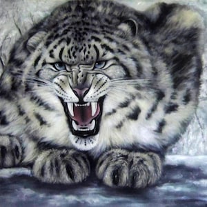 Snow leopard original oil painting, panther painting on canvas, animal wall art, snow cat painting, mountain cat painting