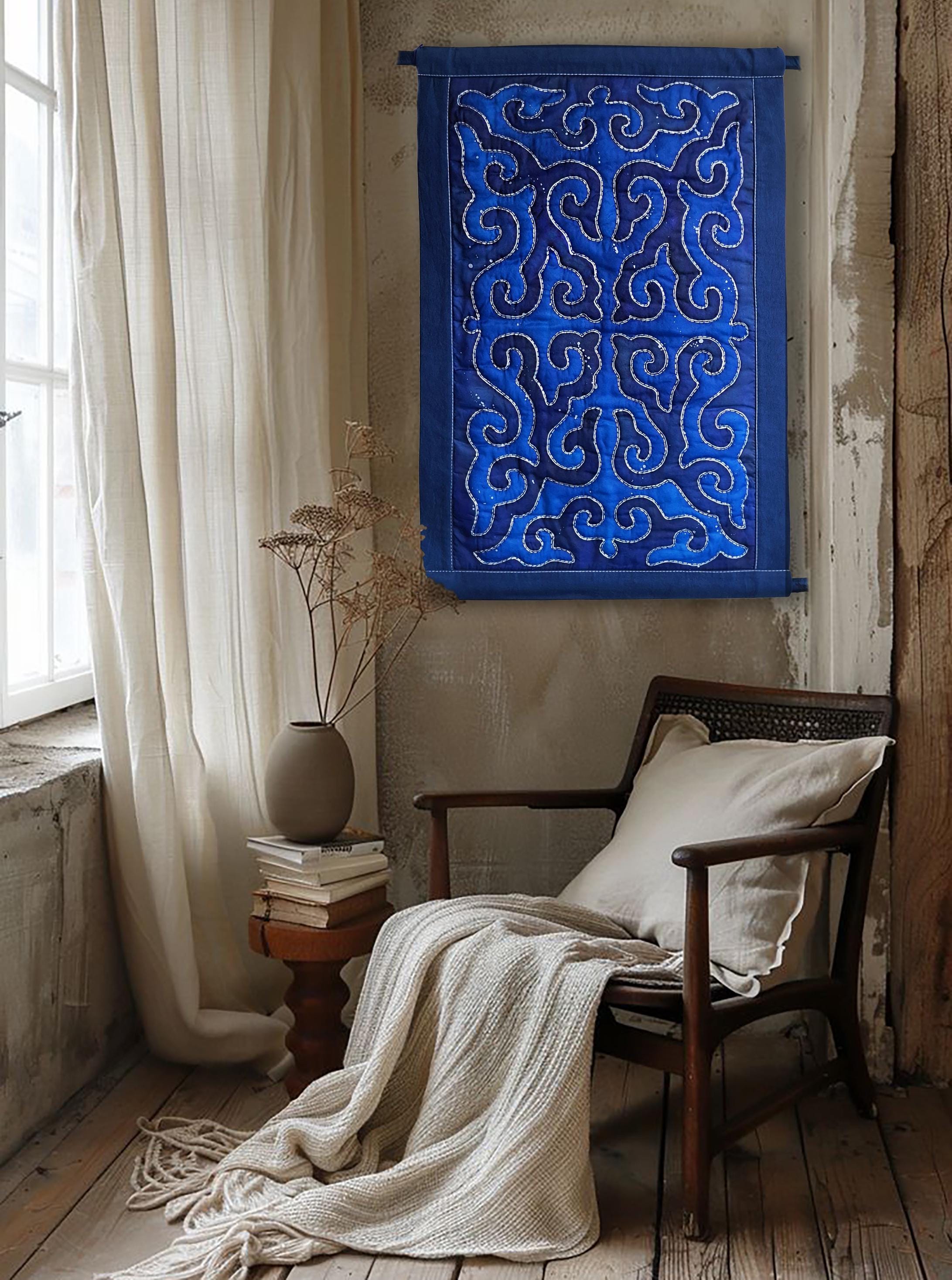 Blue Quilted Wall Hanging With Kyrgyz Ethnic Ornament – Shyrdak
