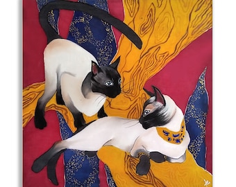 Siamese cats silk painting black white cats batik art batik wall hanging yellow red painting symbol year 2023 new home art gift