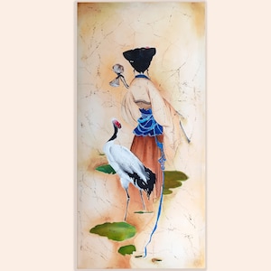 Woman with japanese crane silk painting, beige Japan batik painting, geisha silk painting, batik wall hanging Japandi style painting