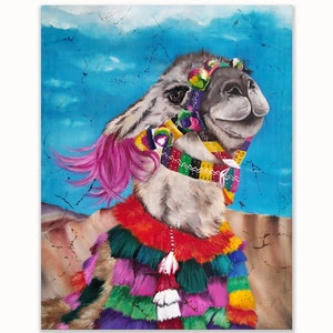 Colorful Llama Silk Painting Rainbow llama Batik Art Print, Alpaca Print on Canvas Cheerful Llama Wall Art Spirit Animal Unique Holiday gift