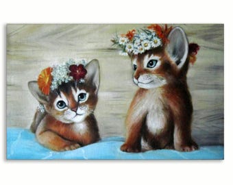 ママ、子猫と猫の絵、子猫と猫のアート、動物の絵、猫の絵、子猫の油絵