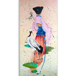 Woman with crane silk painting, geisha batik wall art, japanese crane painting, pink beige Japan batik painting, asian style interior art
