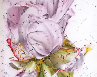 May include: A watercolor painting of a large, light purple flower with green leaves and red accents. The petals have a textured appearance with dark gray crackle lines throughout. The background is white with similar crackle details.