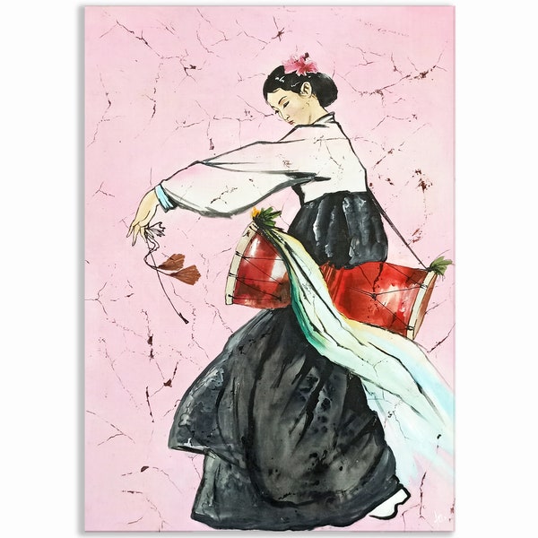 Korean dancer silk painting, korean painting, Hanbok art, asian interior painting, batik art, batik wall hanging, gift for her