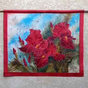 Red irises silk painting floral batik textile painting quilted panel batik wall hanging irises tapestry panel original batik wall hanging