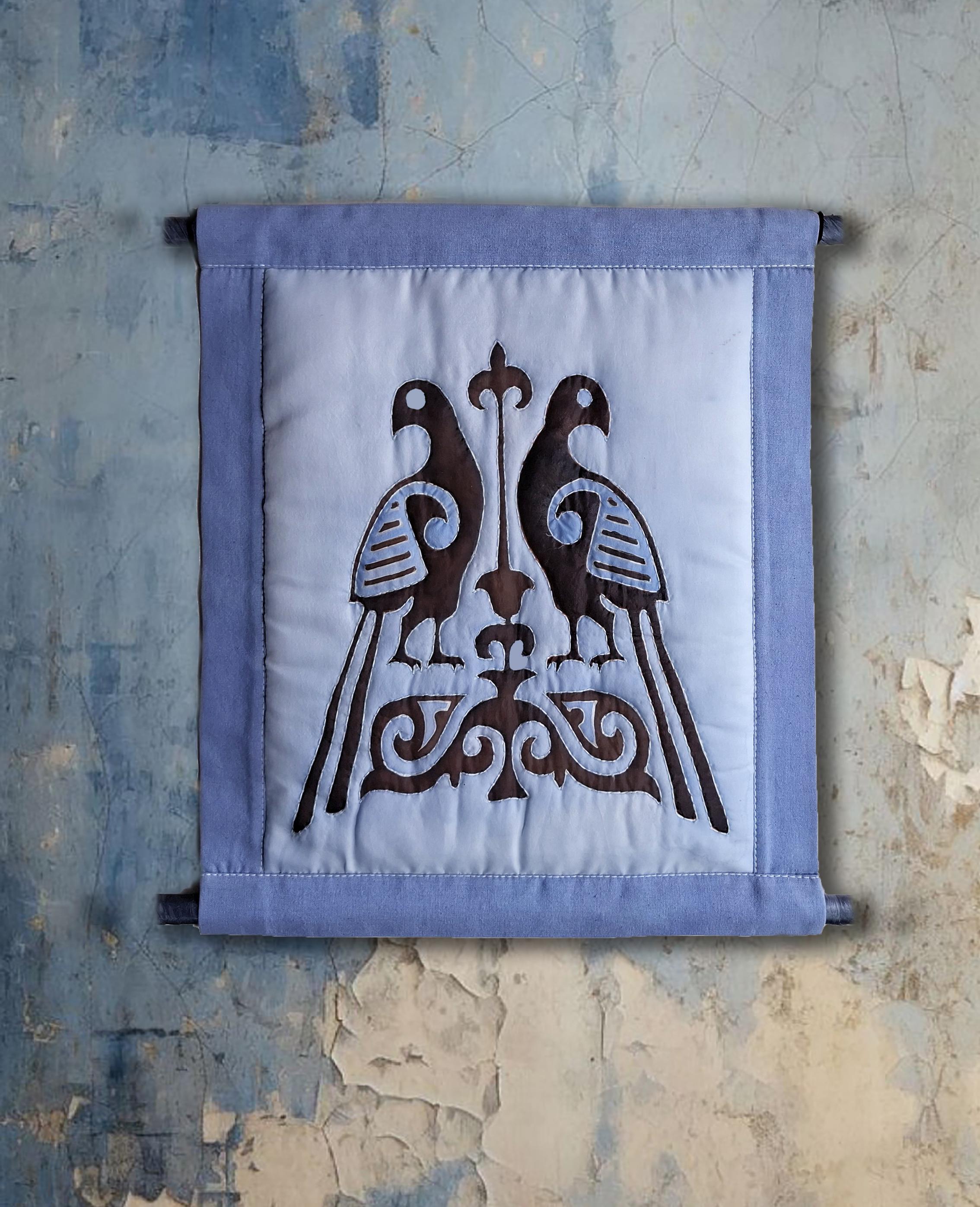 Ancient Kazakh ornament quilted textile wall hanging - Luxury ethnic silk wall decor