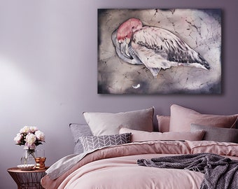 Pink flamingo silk painting, batik art abstract modern painting, fine silk art batik wall hanging, interior modern animal wall art, art gift