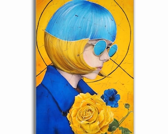 Woman portrait silk painting, yellow blue girl with floral batik modern wall art