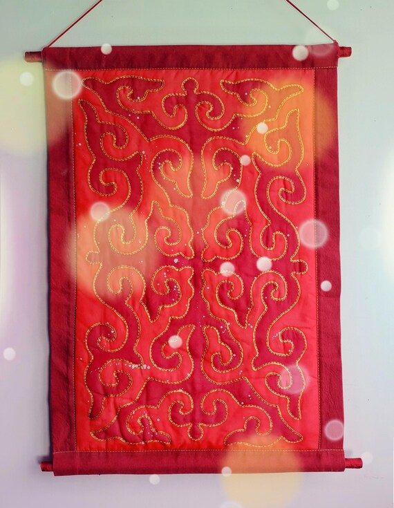 Kyrgyz Ornament Quilted Wall Hanging, Red Gold Traditional Shyrdak
