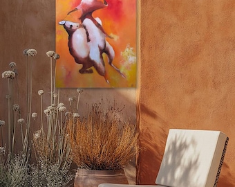 Desert rider original painting, orange textured oil painting, Herald on camel palette knife painting